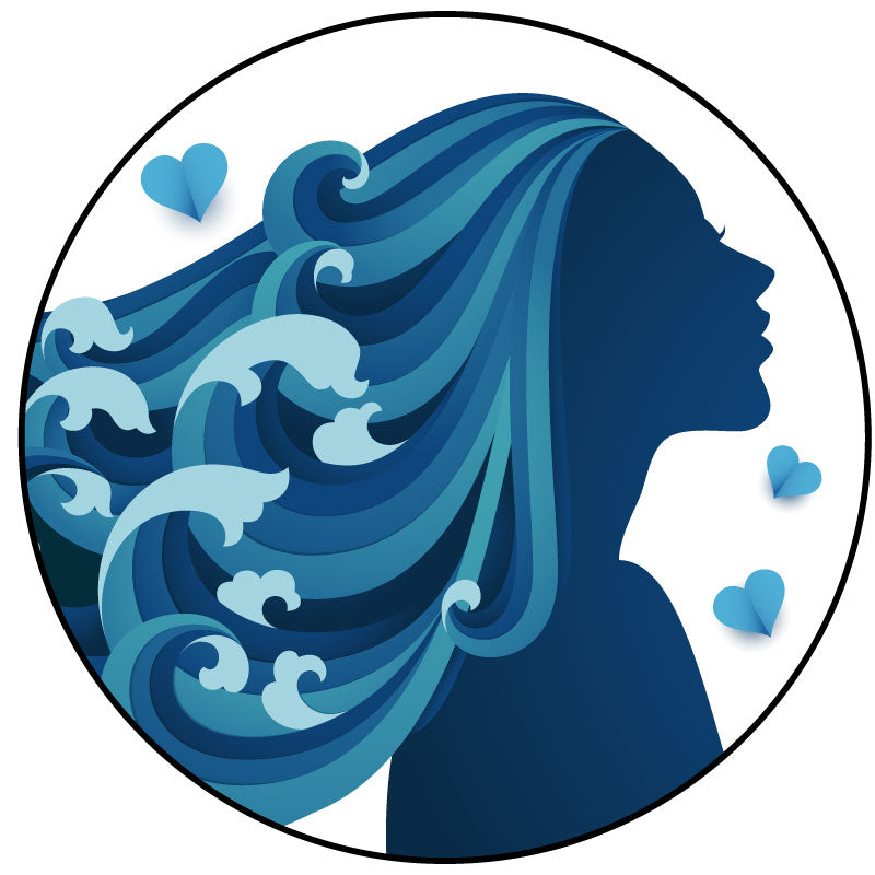 Unique spare tire cover design on white vinyl of a silhouette of a woman in the colors teal and blue with long flowing beautiful hair that looks like the ocean and waves crashing.