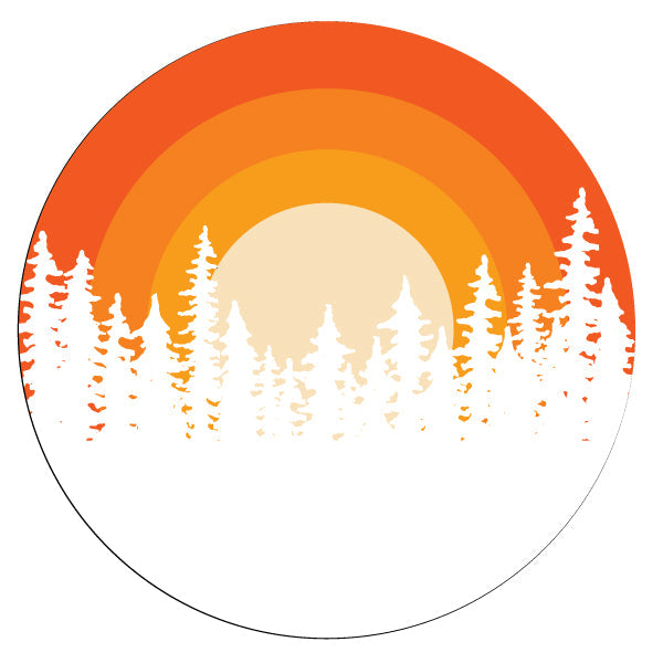 Ombre sunset on the horizon in the woods spare tire cover for RV, Jeep, Bronco, Wrangler, Camper, and more for white vinyl