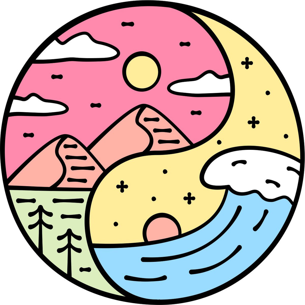 Vector style graphic design of a unique spare tire cover with a yin yang concept of the sunrise and sunset from the mountains to the coast. Creative spare tire cover.