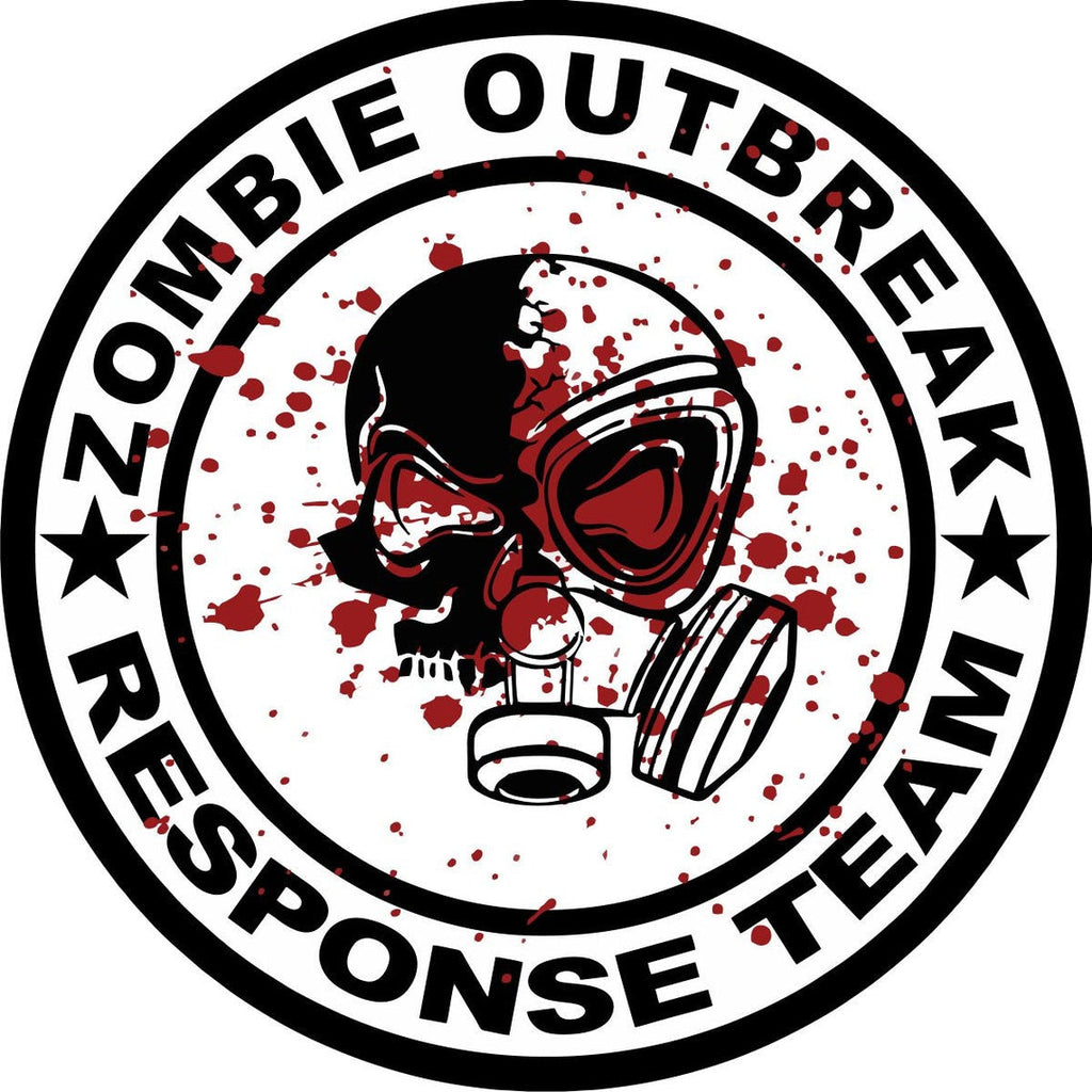 Spare tire cover for Jeep of a skull wearing a gas mask with blood splattered and the sign zombie outbreak response team