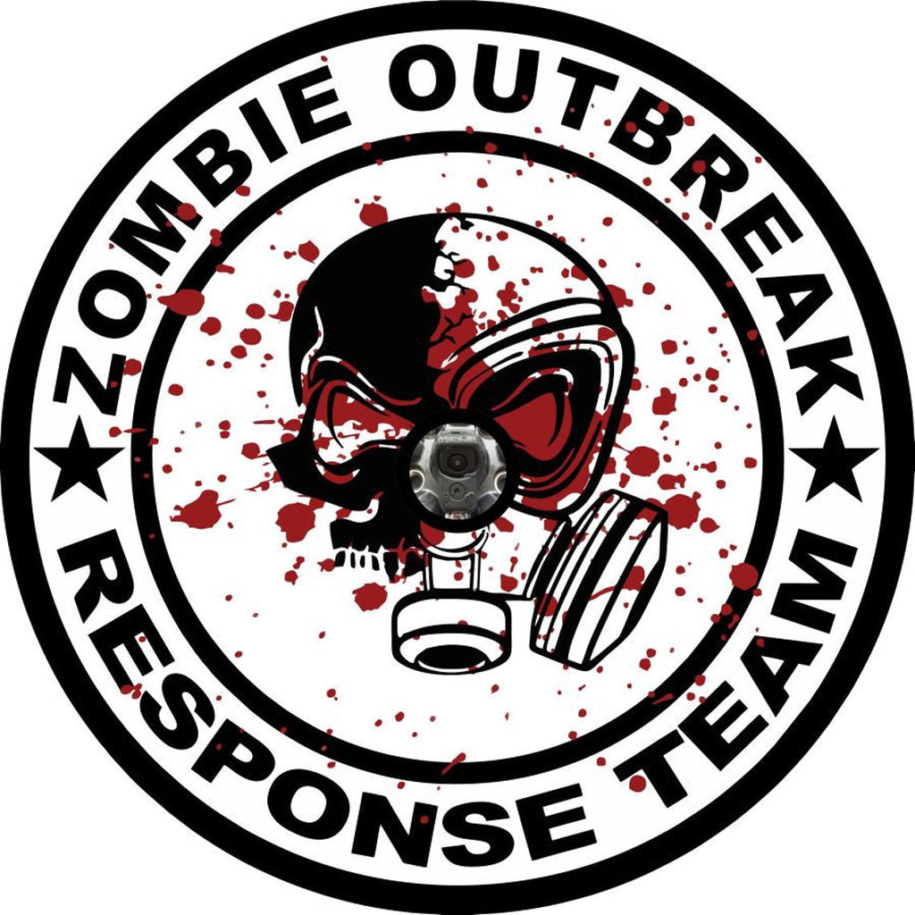 Spare tire cover for Jeep of a skull wearing a gas mask with blood splattered and the sign zombie outbreak response team, design made with back up camera available.
