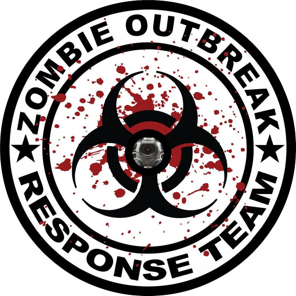 Spare tire cover for Jeep, Bronco, RV, Trailer, Camper with blood splatter and a biohazard symbol with the saying zombie outbreak response team on the sides with back up camera