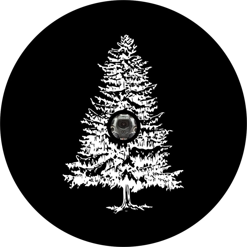 Back up camera spare tire cover designs. Simple Christmas tree silhouette on black vinyl holiday spare tire cover for Jeep, RV, Bronco, camper, trailer, and more.