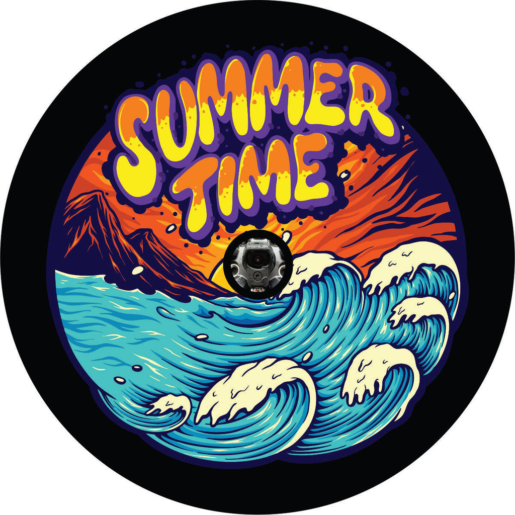 Spare tire cover design with the words summer time above a retro 90's-style hand painted beach scene with waves rolling in and the mountains in the background plus the sunset. with a center space for a back up camera hole.