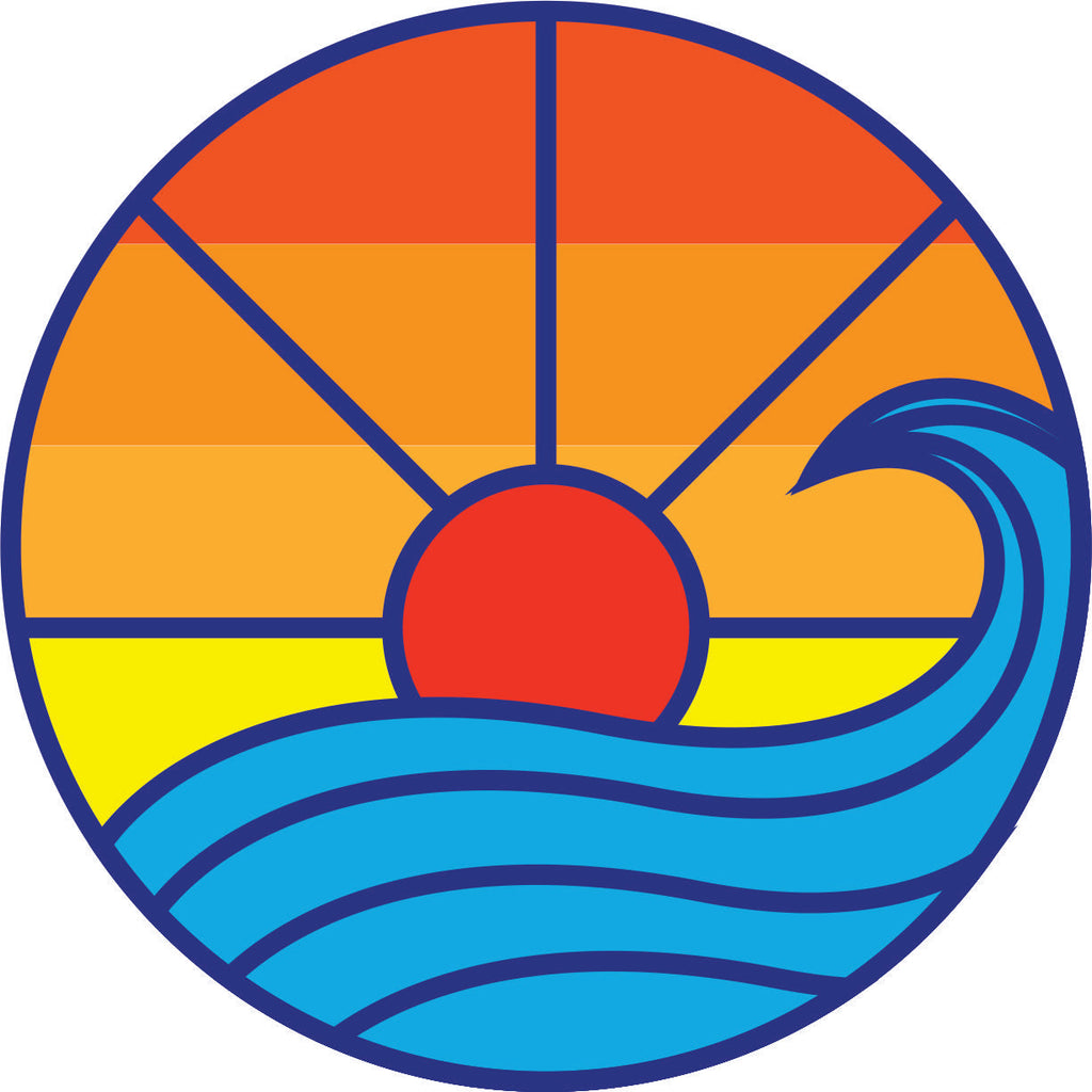 Bold geometric shapes and bright colors of orange and yellow with a wave of blue make up a spare tire cover beach ocean scene. Sunset on the horizon of the waves and ocean.