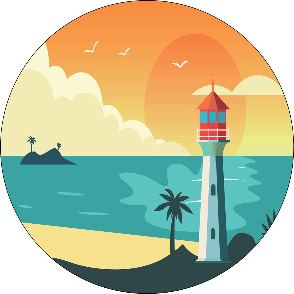 Coastal beach sunset lighthouse spare tire cover design for Jeep, Bronco, RV, campers, trailers, and more.