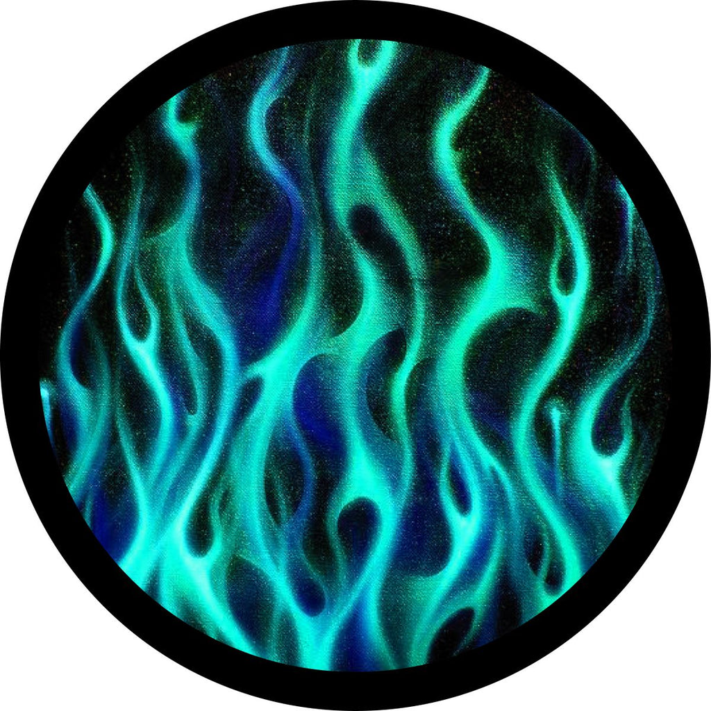Flames spare tire cover for Bikini blue pearl Jeep Wranglers and other vehicles including RV, Broncos, Campers, and more