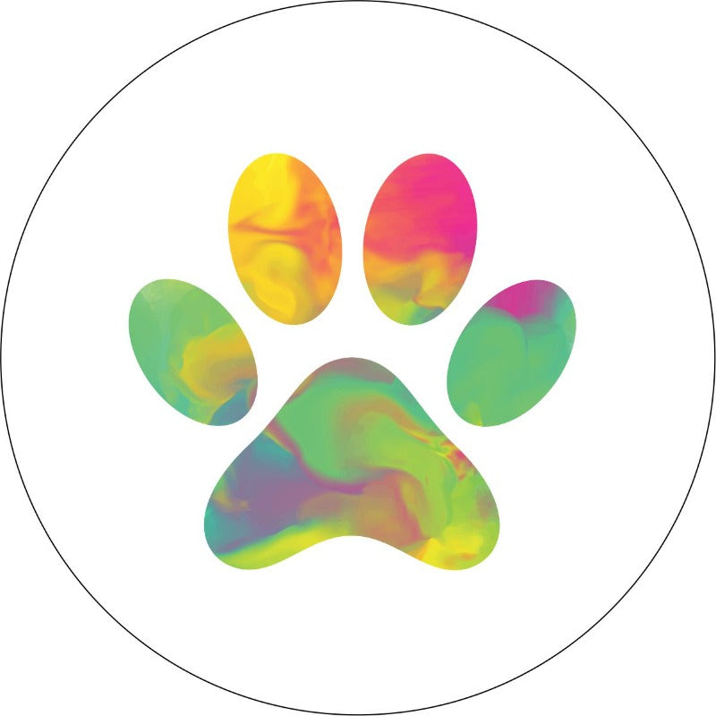 Tie dye paw print design on a white vinyl spare tire cover for a Jeep, Bronco, RV, camper, and any other vehicle request.
