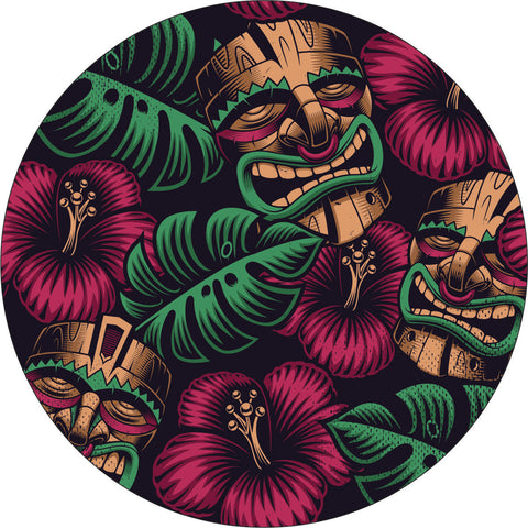 Tiki Mask Tropical Flowers Creative Spare Tire Cover | Jeep, RV, Camper, Bronco, & More