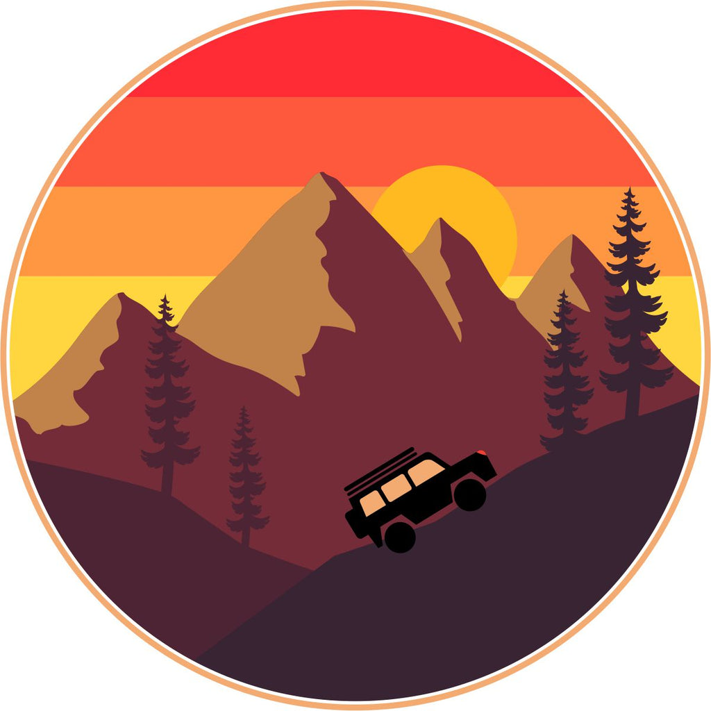 Vintage designed spare tire cover for Jeep, RV, trailers, campers, CR-V, FJ Cruiser, Bronco, and more. An SUV off-road in the mountains with an ombre sunset background.